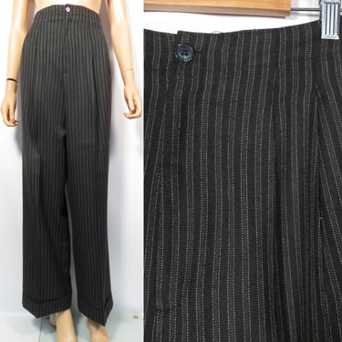 Vintage 90s Does 20s High Waist Buckle Back Pinstripe Wide Leg Cuffed Pleat Front Trousers Size 27 Waist 
