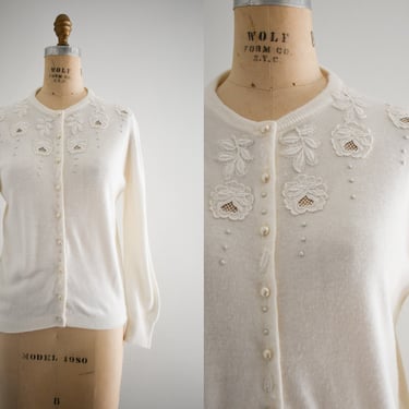 1960s Cream Floral Applique and Pearl Stud Cardigan Sweater 