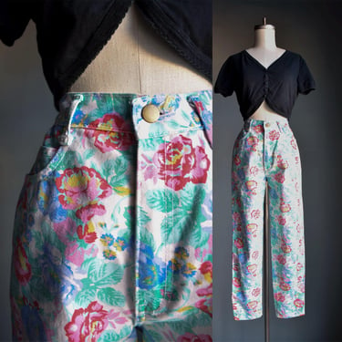 Vintage 1990s Floral Jeans / Vintage Teal & Pink Floral Jeans / Floral Print Jeans Small / Vintage Floral Jeans / Floral Jeans 26 