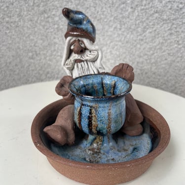 Vintage Candleholder With 3D Wizard Figurine Old Man Beard Studio Art Pottery 6” 