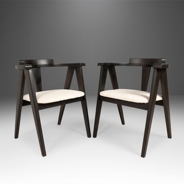 Set of Two (2) Ebonized Oak Compass Dining Chairs after Alan Gould for Knoll in New Boucle Upholstery, USA, c. 1960's 