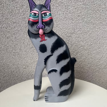 Vintage wood cat figurine folk art stripes black gray colorful painted face size 12.5” 