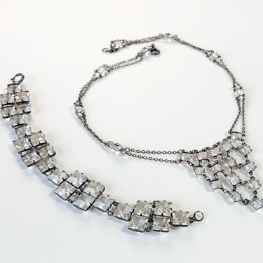 1930s Crystal Glass Squares Bracelet | 1930s Crystal Squares Pendant Necklace | Art Deco Jewelry 