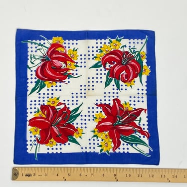 Vintage 1940s Floral Tiger Lilly Patterned hankie with red yellow flowers blue polka dots Handkerchief novelty print hanky Primary Colors 