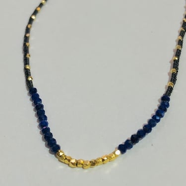 Danielle Welmond | Woven Dark Grey Silk Cord Necklace w/ Lapis and 14K Gold Vermeil Beads