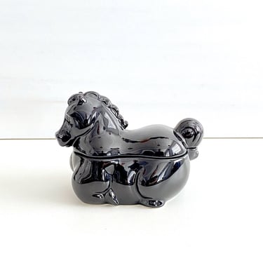 Vintage Fitz and Floyd Black Ceramic Pottery Stylized Etruscan Horse Figural Trinket / Jewelry Box with Lid FF 1980 