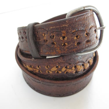 Vintage Mexico Leather Belt Boho Distressed Leather Belt SZ 40 Tooled Leather Belt Womens Leather Belt Mens Belt Cutouts Silver Buckle 