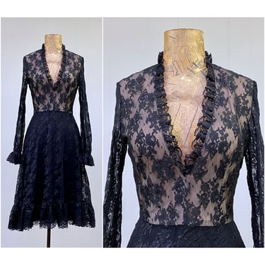1960s Black Lace Party Dress, 60s 70s Goth Fit and Flare Prom Dress, Small 34