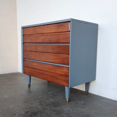 Mid-Century Cherry Wood and Blue Grey Chest of Drawers Dresser 