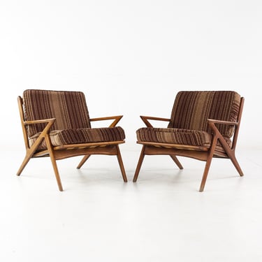 Poul Jensen Style Mid Century Walnut Z Lounge Chairs - Pair - mcm 