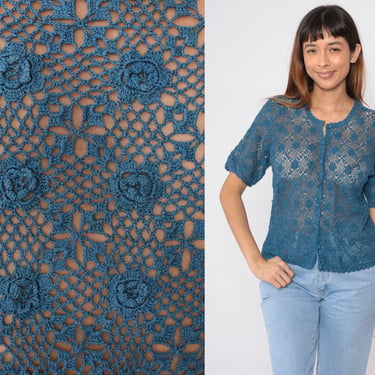 Blue Crochet Cardigan 90s Sheer Floral Knit Sweater Top Short Sleeve Button up Blouse Hippie Bohemian Open Weave Vintage 1990s Small S 