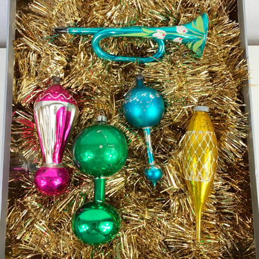 Vintage Glass Hand Blown Christmas Ornaments, Mixed set of 6, Trumpet horn Torpedo Double bubble teardrop, European Christmas Tree Ornament 