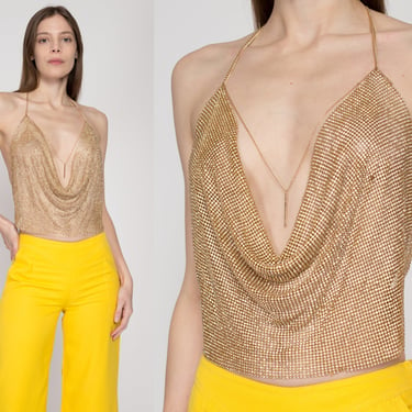 Med-Lrg 90s Gold Rhinestone Chainmail Backless Crop Top | Vintage Chain Metal Mesh Cowl Halter Neck Club Top 