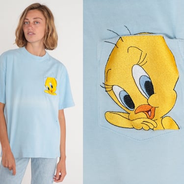 Tweety Bird Shirt Y2k Looney Tunes T-Shirt Warner Bros Baby Blue Pocket Tee Embroidered Cartoon Tshirt Retro Nostalgic Vintage 00s Large L 