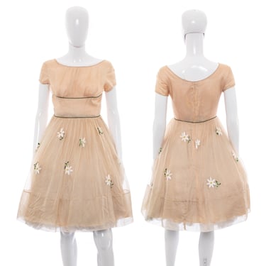 1950's Tan Daisy Embroidered Organza Party Dress Size S