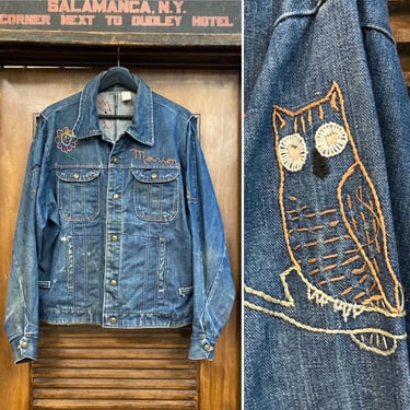 Vintage 1960’s Size XL “Key” Cartoon Embroidery Denim Workwear Jacket, 60’s Denim Jacket, 60’s Hippie Jacket, Vintage Clothing 