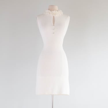 FABULOUS 1960's Ivory Knit Party Dress With Ruffled Neckline / Medium