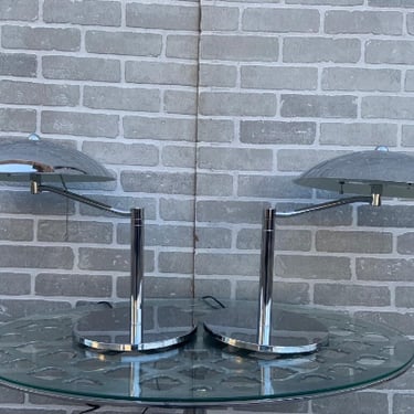 Mid Century Modern Retro Swiss Chrome Plated Flying Saucer Table Lamps - Pair