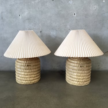 Vintage Faux Basket Weave Pair Of Lamps