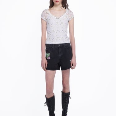 Anna Sui Pansy Stretch Lace Short Sleeve Top - Vanilla Multi