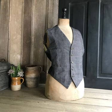 French Wool Tweed Waistcoat, Black, Gents Vest, Belted, Silk Backing Striped Cotton Lining, Period Clothing 