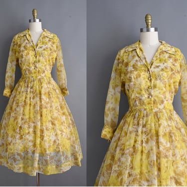 vintage 1960s Dress | Vintage Golden Yellow Floral Print Dress | Large 