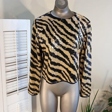 Vintage 80s Animal Print Cropped Long Sleeve Sequin  Blouse / Jeanette for St. Martin / S 