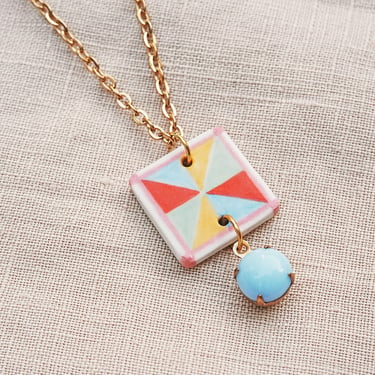 Pastel Ceramic Necklace, Geometric Jewelry, Hand Painted Ceramics, Colorful Necklace, Unique Ceramic Jewelry, Gold Stainless Steel Chain 