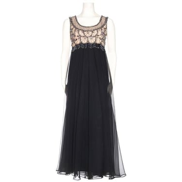 1960S Black Polyester Chiffon Crystal Beaded Gown With Fringe 