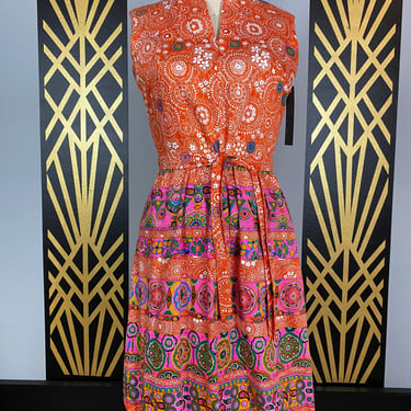 1960s shift dress, orange and pink cotton, vintage 60s dress, border print, mod, liberty circle, medium, sleeveless, 29 waist, retro 