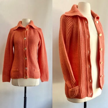 Vintage 60s Cardigan Sweater / WAFFLE WEAVE Knit / Shawl Collar + Pockets / Peach Color 