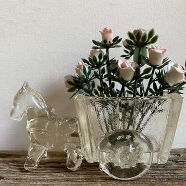 Vintage Pressed Glass Donkey And Cart, Small Container Organizer, Small Horse, Jewelry Ring Holder ,Mini Air Plant Holder Planter 