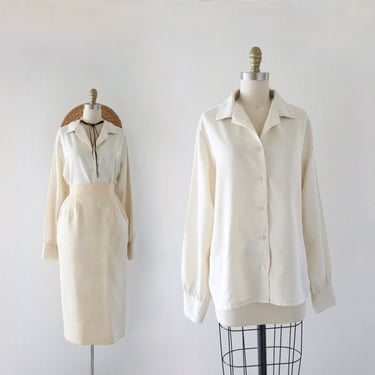parchment button blouse - xl - vintage 70s 80s womens off white cream ivory beige long sleeve size large top shirt with collar 