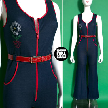 Jumpsuit - Vintage 60s 70s Soft Faux Denim Fabric Jumpsuit with Flower Embroidery and Zip Front 