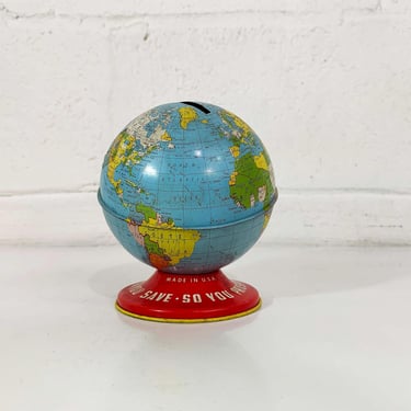 Vintage Globe Bank Mid Century Ohio Art Tin Lithograph Metal World Map Mantique Baby Kids Room Decor Nursery 1950s 