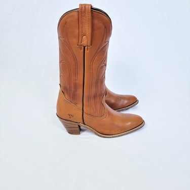 Vintage Tan Leather Fyre Western Cowboy Boots I Sz 8.5 B I Flame Stitched I Womans 