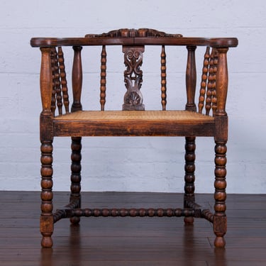 Antique French Louis XIII Bobbin Legs Oak Desk Chair W/ Cane Seat 