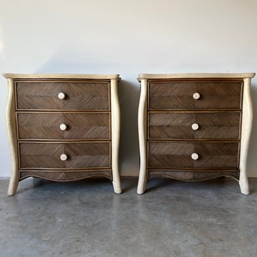 Vintage Tessellated Stone and Rattan Three Drawers Nightstands - a Pair 