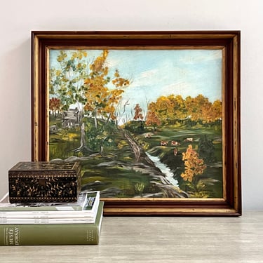 Large Vintage Pastoral Landscape Original Signed 1940s Oil Painting 