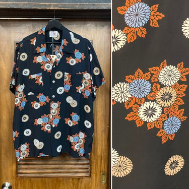 Vintage 1950’s Size XL “Duke Kamehameha” Black Background Raton Hawaiian Shirt, 50’s Floral Pattern, 50’s Tiki Pattern, Vintage Clothing 