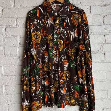 XL XXL, 1970s Floral Printed Button Down Shirt, Vintage, Brown 