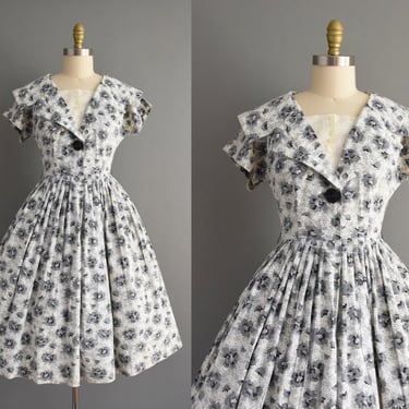 1950s dress | Black & Gray Floral Print Full Skirt Shirtwaist Cotton Dress | Medium | 50s vintage dress 