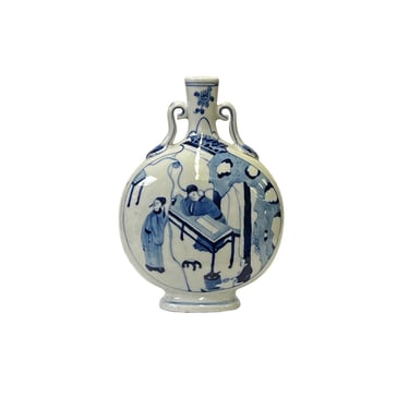 Chinese Blue White Porcelain People Graphic Round Shape Flat Vase ws3164E 