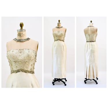 1960s 60s Vintage Beaded Evening Gown White Cream Party Wedding Dress Small Silver Beaded Rhinestone Sleeveless beaded 1966 cocktail Dress 
