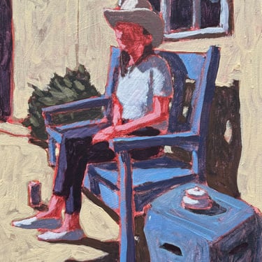 Woman on Bench - Original Acrylic Painting on Canvas 12 x 16 - fine art, figurative, michael van, yellow 