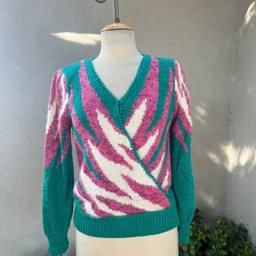 Vintage 80s Christine knit top teal pink white fur Sz M 