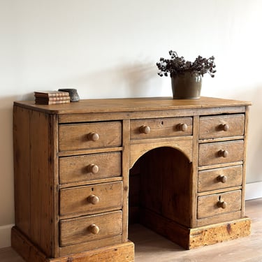 Large Antique English Pine Pedestal Desk 