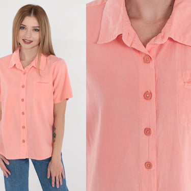 Pink Blouse 90s Button Up Shirt Retro Plain Simple Short Sleeve Cotton Top Chest Pocket Preppy Basic Button Down Casual Vintage 1990s Medium 