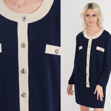 Navy Mini Dress 80s Shirtdress Dress Vintage 1980s Button Up Blue Long Sleeve Shift Preppy Professional Work Dress Normcore Cream Large 