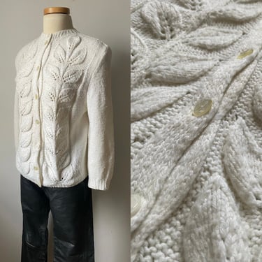 Vintage White Knit Cardigan with Botanical Design 
